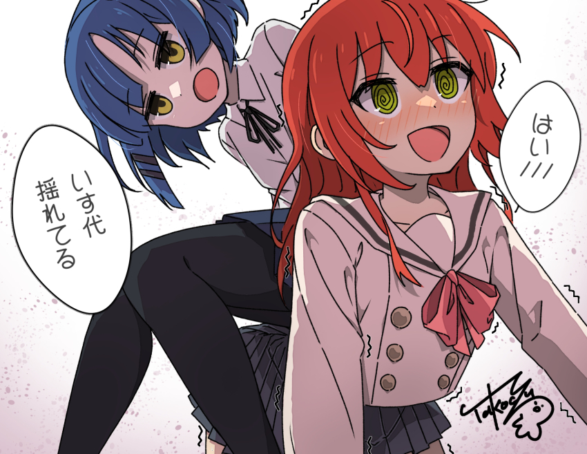 2girls, @_@, all_fours, black_pantyhose, black_ribbon, blue_hair, blush, bocchi_the_rock!, bow, buttons, commentary, green_eyes, hair_between_eyes, hair_ornament, hairclip, highres, jitome, kita_ikuyo, long_hair, long_sleeves, mole, mole_under_eye, multiple_girls, neck_ribbon, one_side_up, open_mouth, pantyhose, pleated_skirt, red_bow, red_hair, ribbon, sailor_collar, school_uniform, shimokitazawa_high_school_uniform, short_hair, shuka_high_school_uniform, signature, sitting, sitting_on_person, skirt, speech_bubble, takocyu_343, translated, trembling, white_sailor_collar, yamada_ryo, yellow_eyes