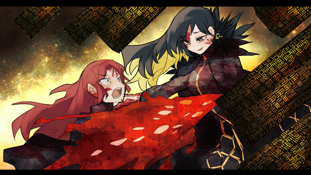 2girls, binah_(project_moon), black_cape, black_coat, black_dress, black_eyes, black_hair, cape