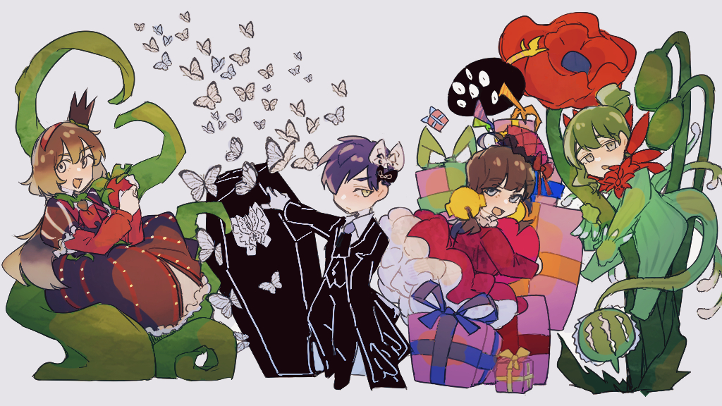 2boys, 2girls, apple, bell, blue_eyes, brown_hair, bug, butterfly