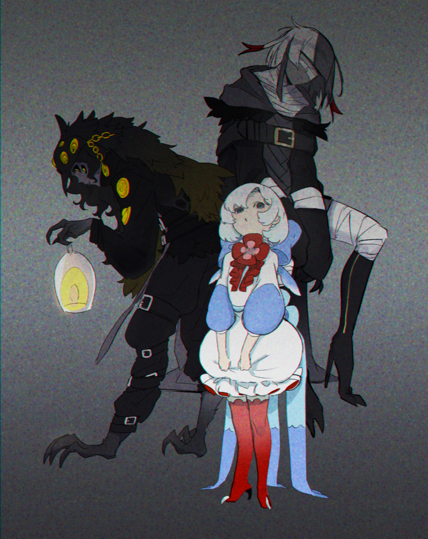 3girls, azanaya_nie, bandaged_leg, bandages, bandages_over_eyes, belt, belt_buckle, big_bird_(project_moon)