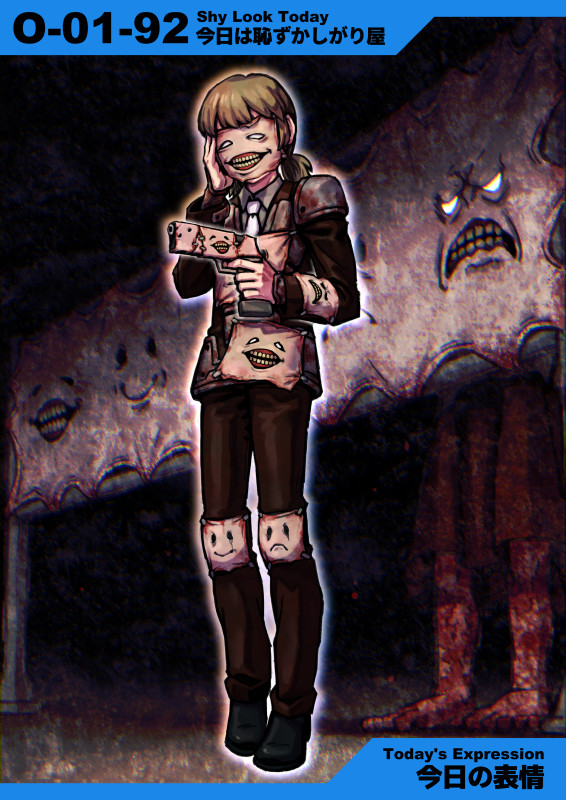 1boy, armor, barefoot, black_footwear, blood, brown_hair, brown_jacket, brown_pants, collared_jacket, collared_shirt, dark_background, denim, dried_blood, e.g.o_(project_moon), employee_(project_moon), flesh, frown, full_body, gender_request, grey_shirt, jacket, jeans, knee_pads, lobotomy_corporation, low_twintails, meimaru_inuchiyo, necktie, nugget_(project_moon), numbered, pants, project_moon, red_skirt, shirt, shoes, short_hair, single_shoulder_pad, skirt, smile, teeth, today's_expression_(e.g.o), today's_shy_look, twintails, white_necktie