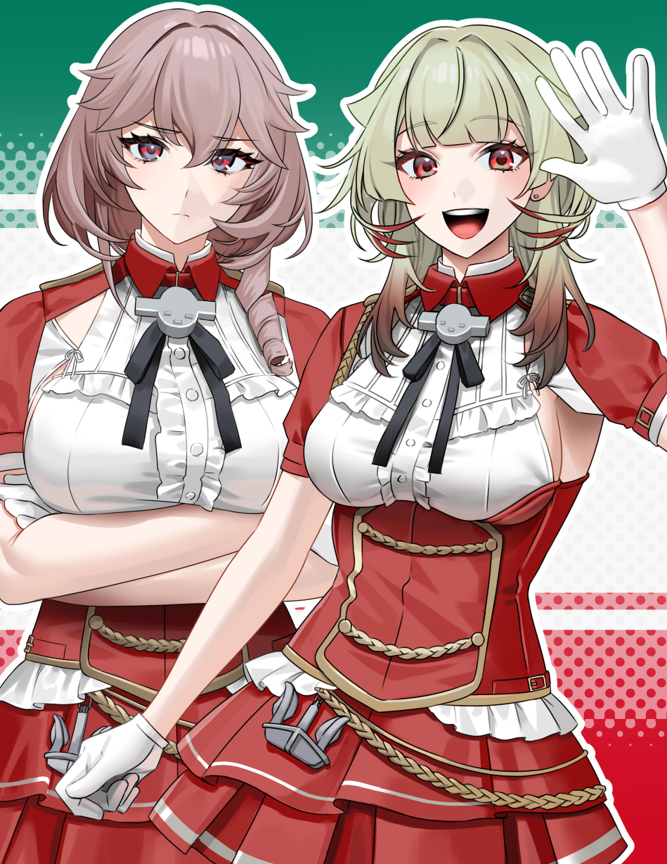 2girls, akagi_kurage, alternate_costume, armpit_cutout, azur_lane, blunt_bangs, brown_hair, closed_mouth, clothing_cutout, collar, commission, cosplay, crossed_arms, dress, drill_hair, duca_degli_abruzzi_(azur_lane), framed_breasts, frilled_dress, frills, giuseppe_garibaldi_(azur_lane), giuseppe_garibaldi_(kancolle), giuseppe_garibaldi_(kancolle)_(cosplay), gloves, gradient_hair, green_hair, hair_between_eyes, highres, kantai_collection, layered_skirt, long_hair, looking_at_viewer, luigi_di_savoia_duca_degli_abruzzi_(kancolle), luigi_di_savoia_duca_degli_abruzzi_(kancolle)_(cosplay), multicolored_hair, multiple_girls, open_mouth, pixiv_commission, red_collar, red_dress, red_eyes, red_skirt, skirt, smile, teeth, upper_teeth_only, waving, white_gloves