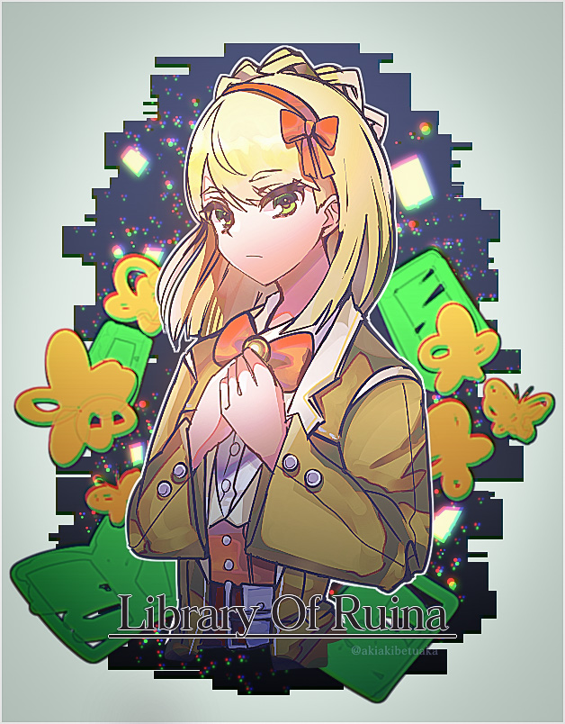 1girl, alice-626-j, belt, blonde_hair, braid, brooch, brown_belt, closed_mouth, coat, commentary_request, copyright_name, crown_braid, dress, green_eyes, hair_ribbon, hairband, jewelry, library_of_ruina, long_sleeves, multiple_belts, neck_ribbon, open_clothes, open_coat, orange_dress, orange_hairband, orange_ribbon, own_hands_together, project_moon, ribbon, shirt, solo, tiphereth_a_(project_moon), upper_body, white_shirt, yellow_belt