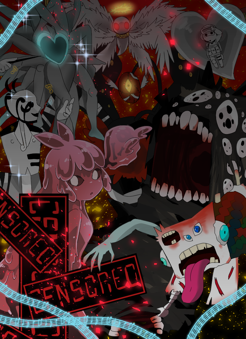 1girl, apocalypse_bird, army_in_black, black_sclera, blue_star, breasts, censored_(project_moon), colored_sclera