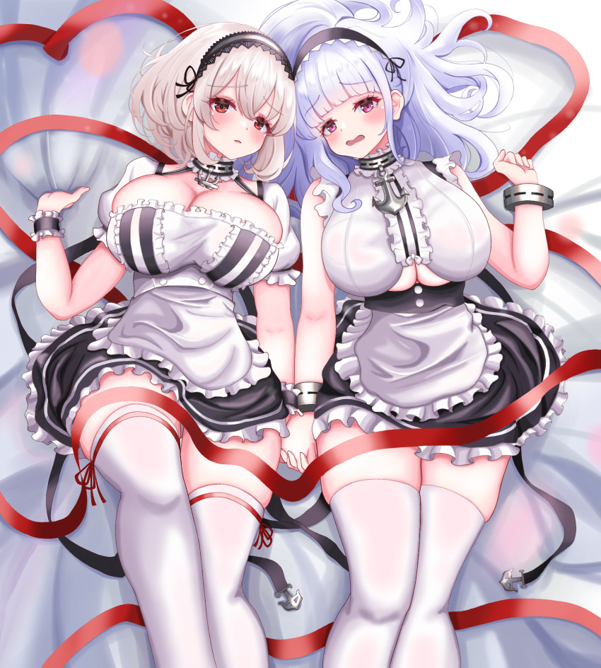 anchor_necklace, apron, azur_lane, bed_sheet, black_wrist_cuffs, breasts, cleavage, collar, dido_(azur_lane), dress, frilled_apron, frills, grey_hair, highres, holding_hands, jewelry, kokonoe910, large_breasts, long_hair, lying, maid, maid_apron, maid_headdress, metal_collar, necklace, on_back, open_mouth, purple_eyes, red_eyes, red_ribbon, ribbon, sheet_grab, short_hair, sirius_(azur_lane), thighhighs, two-tone_dress, underboob, white_thighhighs, wrist_cuffs