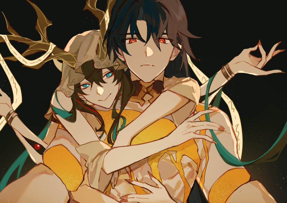 2boys, black_hair, blade_(honkai:_star_rail), bracelet, brown_hair, closed_mouth, commentary, cosplay