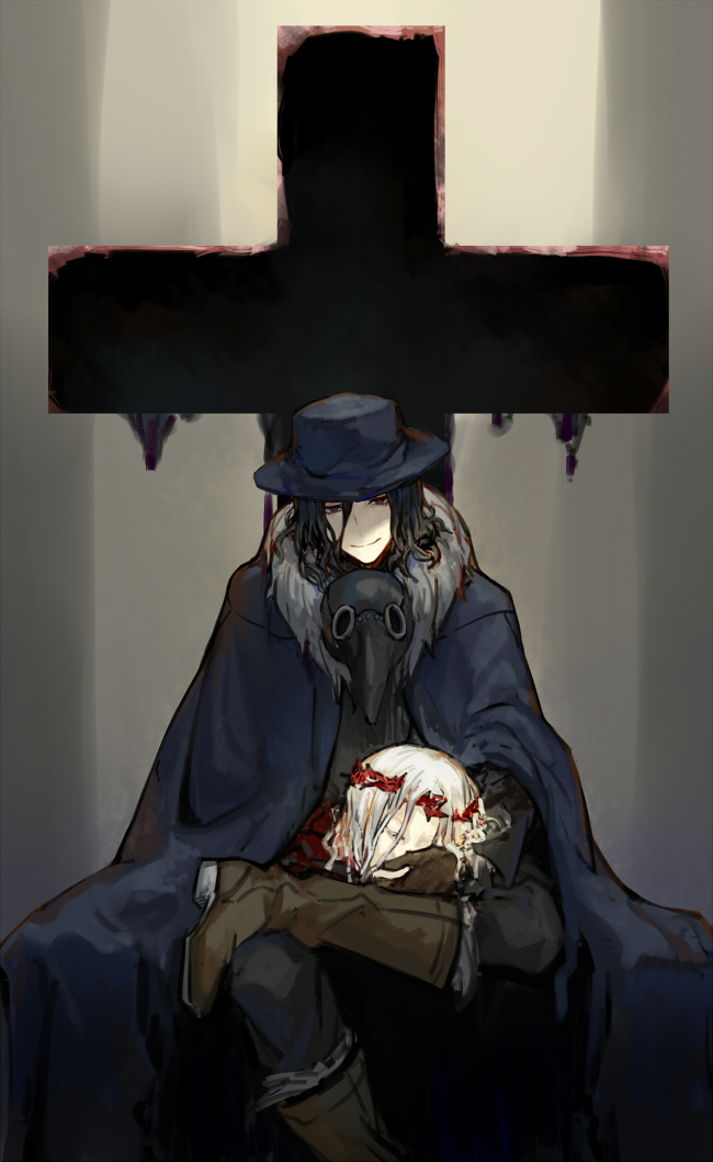 1boy, black_hair, black_pants, blood, blue_cape, blue_headwear, boots, brown_footwear