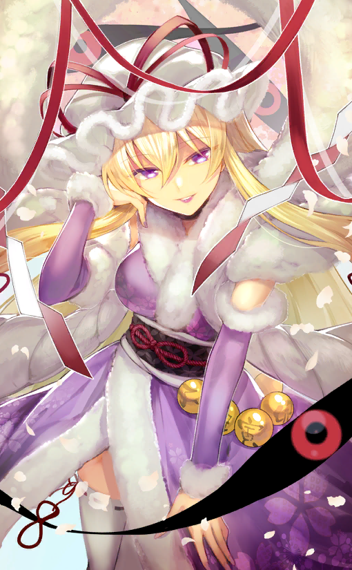1girl, bell, black_sash, blonde_hair, bow_legwear, breasts, cherry_blossoms, elbow_sleeve, eyeball, falling_petals, fingernails, floral_print, frilled_hat, frills, fur_trim, gap_(touhou), half-closed_eyes, hand_on_own_head, hat, hat_ribbon, japanese_clothes, jingle_bell, kimono, long_hair, looking_at_viewer, medium_breasts, mob_cap, obi, official_alternate_costume, official_art, open_mouth, petals, pink_lips, purple_eyes, purple_kimono, purple_sleeves, red_ribbon, ribbon, ribbon-trimmed_thighhighs, ribbon_trim, rope, sash, shimenawa, sleeveless, sleeveless_kimono, smile, solo, teeth, thighhighs, touhou, touhou_cannonball, tree, very_long_hair, white_hat, white_thighhighs, yakumo_yukari, yakumo_yukari_(zodiac_race), yuki_(popopo)