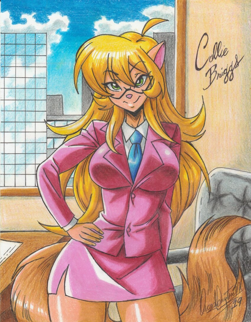 1girl, 2019, animal_ears, blonde_hair, breasts, building, callie_briggs, desk, formal_clothes, furry, furry_female, glasses, green_eyes, hand_on_own_hip, highres, indoors, large_breasts, long_hair, office_lady, ravernclouk_design, solo, suit, swat_kats, tail, thighs, tie_clip, traditional_media, window