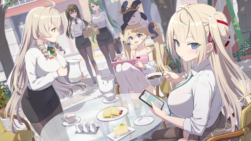 5girls, andrea_doria_(azur_lane), andrea_doria_(have_a_safe_flight)_(azur_lane), attilio_regolo_(azur_lane), attilio_regolo_(castle_of_inspiration)_(azur_lane), azur_lane, cake, cellphone