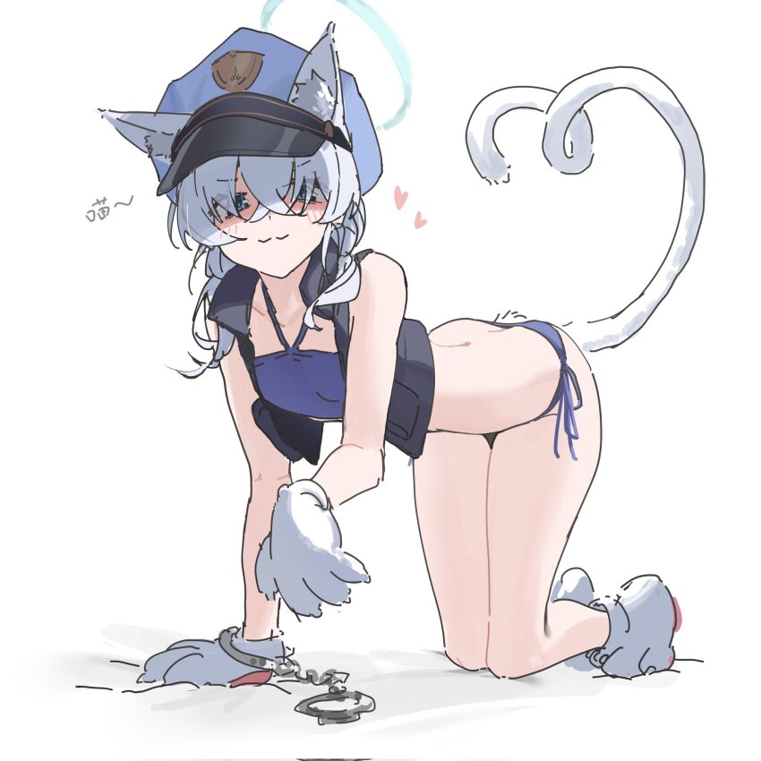 1girl, :3, all_fours, animal_ears, animal_hands, ass, bikini, black_vest, blue_archive, blue_bikini, blue_eyes, blush, breasts, butt_crack, cat_ears, cat_tail, closed_mouth, commentary, corrupted_twitter_file, cuffs, gloves, hair_over_eyes, hair_over_shoulder, halo, halterneck, hand_up, handcuffs, hat, heart, highres, looking_at_viewer, low_twintails, mark_jin, open_clothes, open_vest, paw_gloves, paw_shoes, peaked_cap, side-tie_bikini_bottom, simple_background, small_breasts, solo, swimsuit, tail, translation_request, twintails, v-shaped_eyebrows, valkyrie_police_academy_student_(sg)_(blue_archive), vest, white_background, white_hair