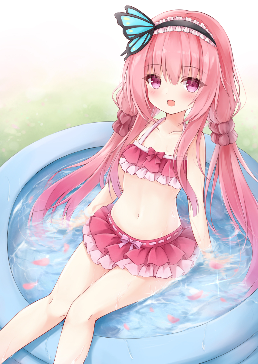 1girl, bikini, bikini_skirt, black_hairband, blush, bow, bow_bikini, breasts
