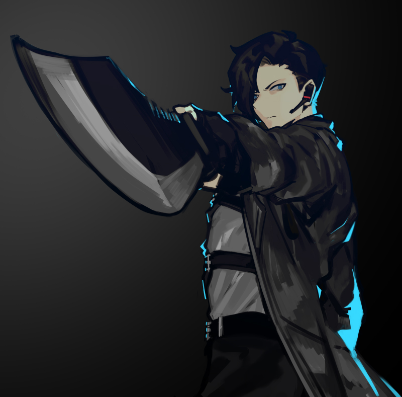 1boy, angry, belt, black_belt, black_coat, black_hair, black_pants, blue_eyes