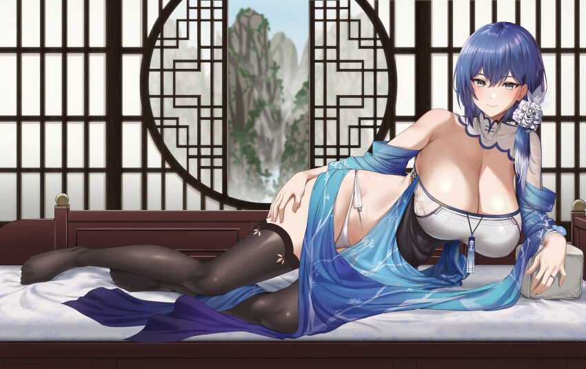1girl, black_thighhighs, blue_hair, blush, breasts, cleavage, closed_mouth, commentary, commission, dp-12_(echeveria_lantern)_(girls'_frontline), dp-12_(girls'_frontline), english_commentary, feet, fuooooo, girls'_frontline, grey_eyes, hair_ornament, highres, jewelry, large_breasts, legs, looking_at_viewer, lying, medium_hair, no_shoes, official_alternate_costume, on_side, paid_reward_available, panties, ring, single_bare_shoulder, skeb_commission, smile, thighhighs, thighs, toes, underwear, white_panties
