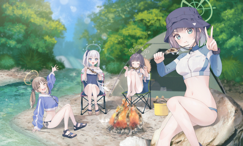 4girls, animal_ear_headphones, animal_ears, blue_archive, blue_halo, blue_one-piece_swimsuit, camping, cooking