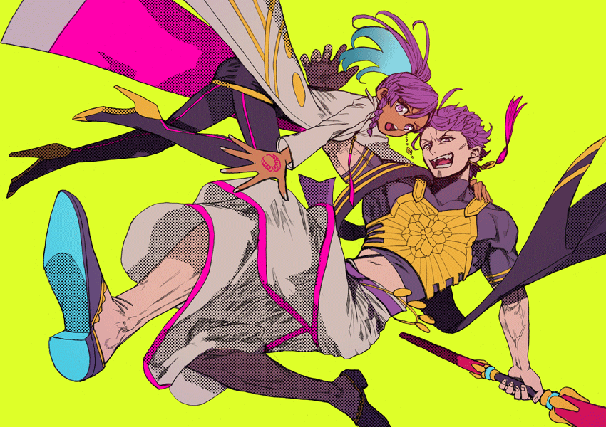 1boy, 1girl, armor, asian_indian_clothes, ayus_(fate), black_shirt, breastplate, command_spell