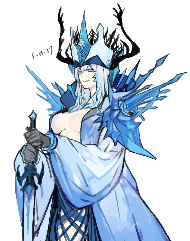 1girl, black_gloves, blue_coat, blue_eyes, breasts, coat, crown, e.g.o_(project_moon), frost_shard_(e.g.o), gloves, holding, holding_sword, holding_weapon, horns, ice, large_breasts, lobotomy_corporation, long_hair, long_sleeves, looking_at_viewer, nishikujic, parted_lips, personification, project_moon, puffy_long_sleeves, puffy_sleeves, smile, snow_queen_(project_moon), solo, sword, weapon, white_hair