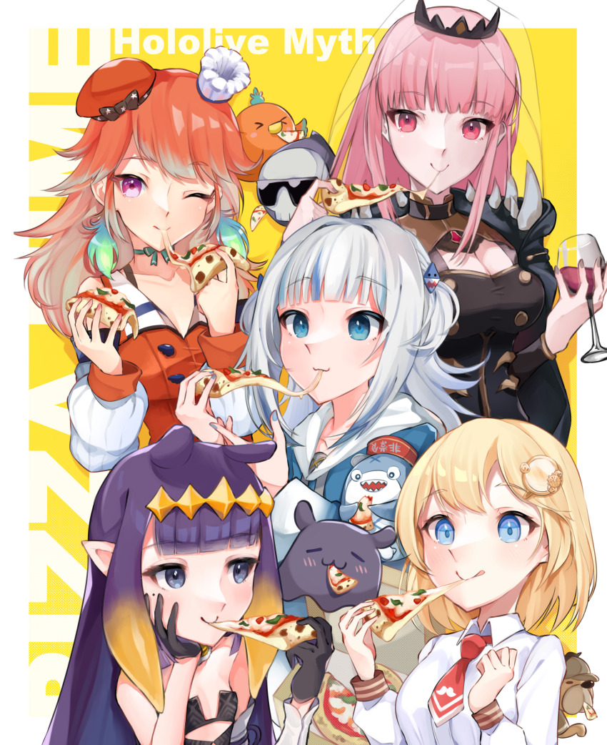 5girls, absurdres, animal_hood, black_cape, black_dress, black_gloves, black_tiara, blonde_hair