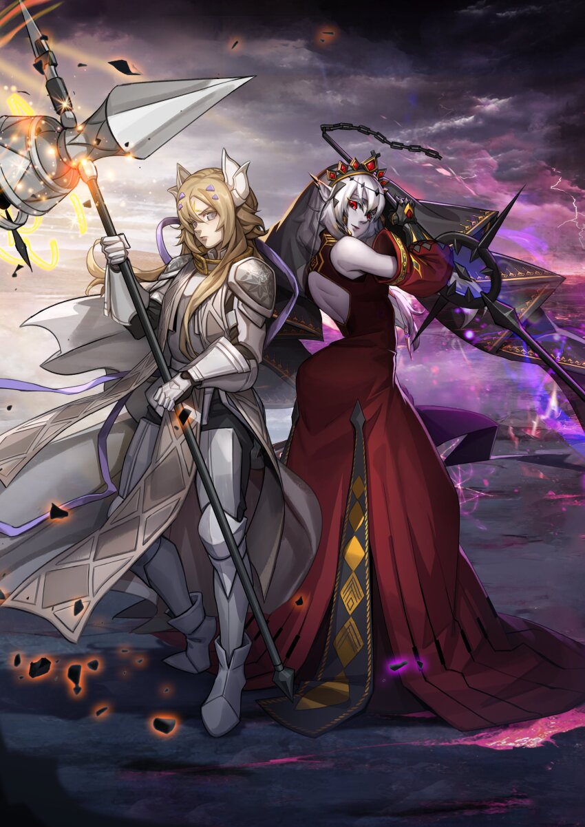 2girls, absurdres, alternate_form, armor, armored_dress, bare_shoulders, blazing_cartesia_the_virtuous, blonde_hair, braid, cape, colored_skin, detached_sleeves, dogmatika_ecclesia_the_virtuous, dress, dual_persona, duel_monster, ecclesia_(yu-gi-oh!), facial_mark, fake_horns, forehead_mark, gauntlets, grey_eyes, hair_between_eyes, hair_ornament, hammer, headgear, highres, holding, holding_hammer, holding_sword, holding_weapon, horns, leg_armor, long_hair, multiple_girls, pointy_ears, red_dress, red_eyes, shoulder_armor, smile, sword, thesleevechief, tiara, veil, war_hammer, weapon, white_armor, white_hair, white_skin, yu-gi-oh!