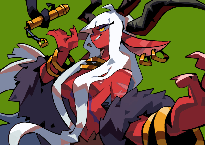 1girl, baphomet_(niking), bracelet, colored_skin, demon_girl, earrings, fingernails, highres