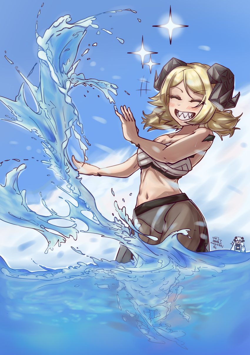 1girl, absurdres, arknights, bikini, blonde_hair, blue_sky, closed_eyes, cloud