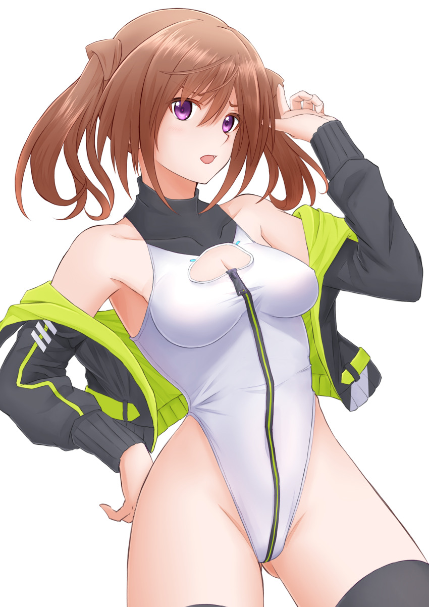 1girl, absurdres, alice_gear_aegis, black_jacket, black_thighhighs, booth_babe, breasts, brown_eyes
