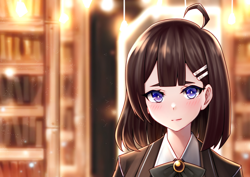 1girl, ahoge, blue_eyes, blurry, blurry_background, bright_pupils, brooch, brown_hair