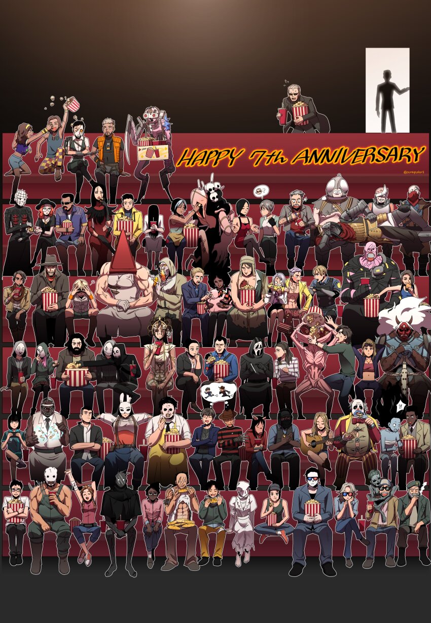 !?, 2others, 3d_glasses, 6+boys, 6+girls, a_nightmare_on_elm_street, absurdres, ace_visconti, ada_wong, adam_francis, the_plague_(dead_by_daylight), the_skull_merchant_(dead_by_daylight), albert_wesker, alejandro_santiago, amanda_young, anniversary, apron, arm_around_neck, arm_tattoo, armor, asakawa_yoichi, ashley_j_williams, beanie, beard, beret, bill_(left_4_dead), bill_overbeck, black_hair, blonde_hair, bubba_sawyer, the_deathslinger_(dead_by_daylight), charlotte_deshayes, claudette_morel, clown, collared_shirt, cowboy_hat, crossed_arms, crossed_legs, danny_johnson, dark-skinned_female, dark-skinned_male, dark_skin, david_king_(dead_by_daylight), david_tapp, dead_by_daylight, demogorgon, drink, drinking, durkos_malecek, dwight_fairfield, eating, elliot_spencer, elodie_rakoto, facial_hair, felix_richter, feng_min, food, frank_morrison, freddy_krueger, gabriel_soma, ghostface, glasses, grey_hair, guitar, haddie_kaur, halloween_(movie), happy_anniversary, hat, heather_mason, hellraiser, the_doctor_(dead_by_daylight), heterochromatic_eyewear, highres, holding, holding_notepad, the_singularity_(dead_by_daylight), instrument, jake_park, jane_romero, jeffrey_johansen, jewelry, jill_valentine, joey_cadogan, jonah_vasquez, julie_kostenko, jumpsuit, kate_denson, kimura_yui, laurie_strode, leatherface, lee_yun-jin, left_4_dead, left_4_dead_1, leon_s._kennedy, long_coat, mask, meg_thomas, michael_myers, mikaela_reid, military_hat, movie_theater, multiple_boys, multiple_girls, multiple_others, music, mustache, nancy_wheeler, nea_karlsson, necklace, necktie, nemesis_t-type, notepad, orange_hair, orange_vest, ourey, pig_mask, pinhead, pink_hair, playing_instrument, popcorn, pyramid_head, quentin_smith, rabbit_mask, rebecca_chambers, renato_lyra, resident_evil, resident_evil_3:_nemesis, resident_evil_3_(remake), sander_rault, saw_(movie), scream_(movie), shared_thought_bubble, shirt, shorts, silent_hill_(series), silent_hill_2, silent_hill_3, sitting, smoking, speech_bubble, spoken_interrobang, steve_harrington, stranger_things, sunglasses, susie_lavoie, the_blight_(dead_by_daylight), tank_top, the_knight_(dead_by_daylight), tattoo, thalita_lyra, the_artist_(dead_by_daylight), the_clown_(dead_by_daylight), the_dredge_(dead_by_daylight), the_hag_(dead_by_daylight), the_hillbilly_(dead_by_daylight), the_huntress_(dead_by_daylight), the_legion_(dead_by_daylight), the_nurse_(dead_by_daylight), the_oni_(dead_by_daylight), the_ring, the_spirit_(dead_by_daylight), the_texas_chainsaw_massacre, the_trapper_(dead_by_daylight), the_trickster_(dead_by_daylight), the_wraith_(dead_by_daylight), thought_bubble, tinted_eyewear, vest, victor_deshayes, vittorio_toscano, wristband, yamamura_sadako, zarina_kassir