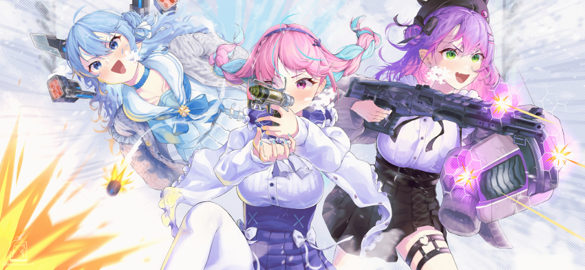 3girls, :d, absurdres, aiming, apex_legends, aqua_hair, aqua_nails, b3_wingman