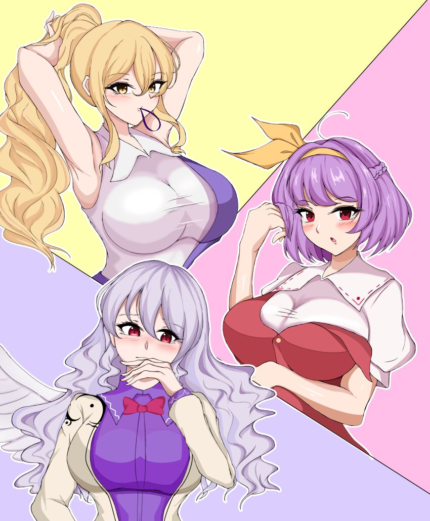 3girls, absurdres, angel_wings, arms_up, blonde_hair, blush, breasts, commentary_request