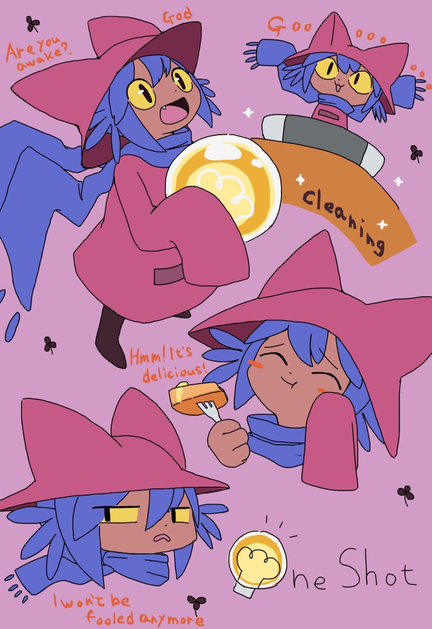 1other, akumesik, androgynous, animal_ears, animal_hat, blue_hair, blue_scarf, blush, brown_headwear, brown_tunic, cat_ears, cat_hat, chibi, eating, english_text, food, hat, highres, light_bulb, niko_(oneshot), oneshot_(game), open_mouth, pancake, scarf, slit_pupils, tunic, whiskers