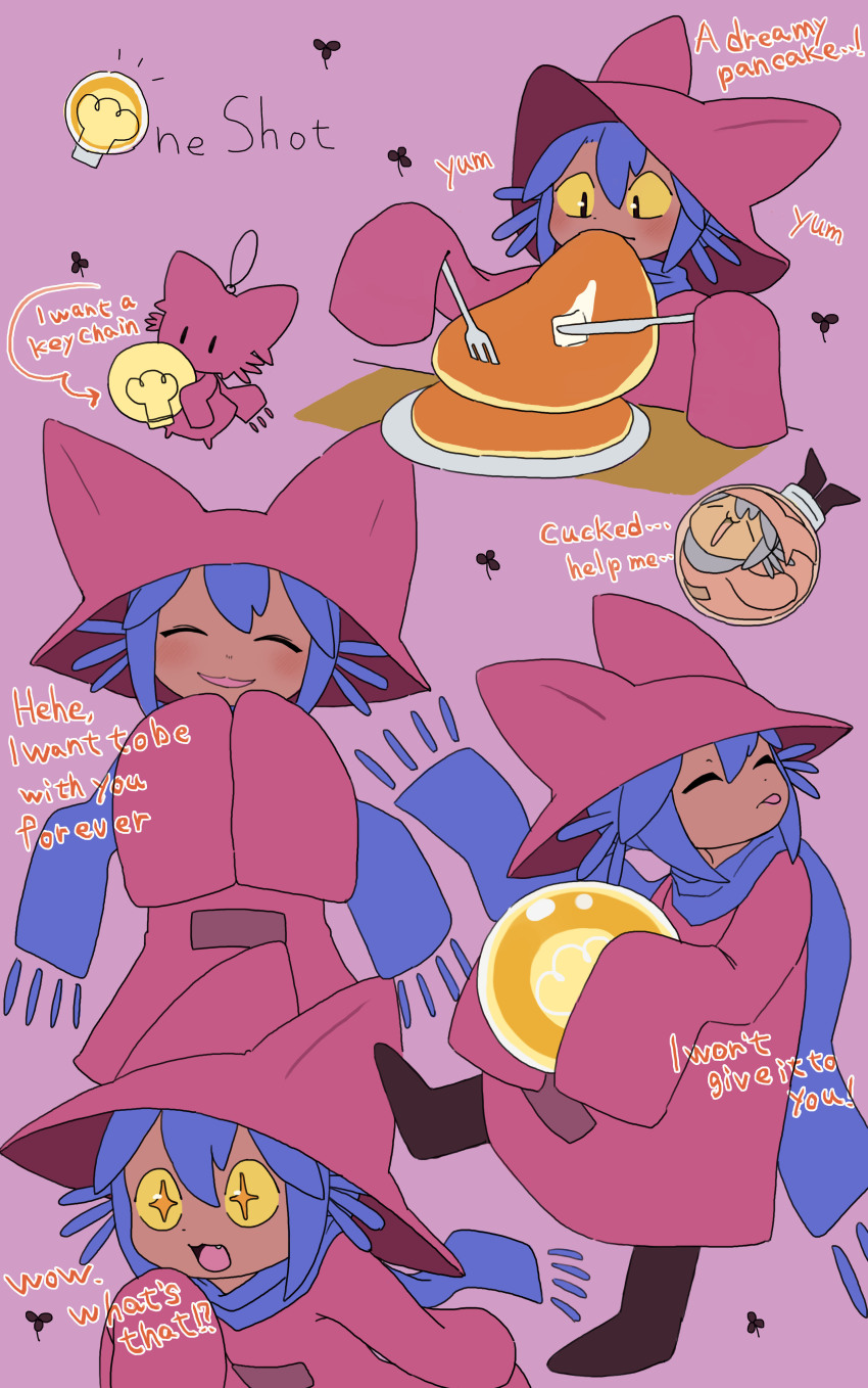 +_+, 1other, absurdres, akumesik, androgynous, animal_ears, animal_hat, blue_hair, blue_scarf, blush, brown_headwear, brown_tunic, cat_ears, cat_hat, chibi, closed_eyes, eating, english_text, food, fork, hat, highres, holding, holding_fork, holding_knife, knife, light_bulb, niko_(oneshot), oneshot_(game), open_mouth, pancake, plate, scarf, slit_pupils, tongue, tongue_out, tunic, whiskers