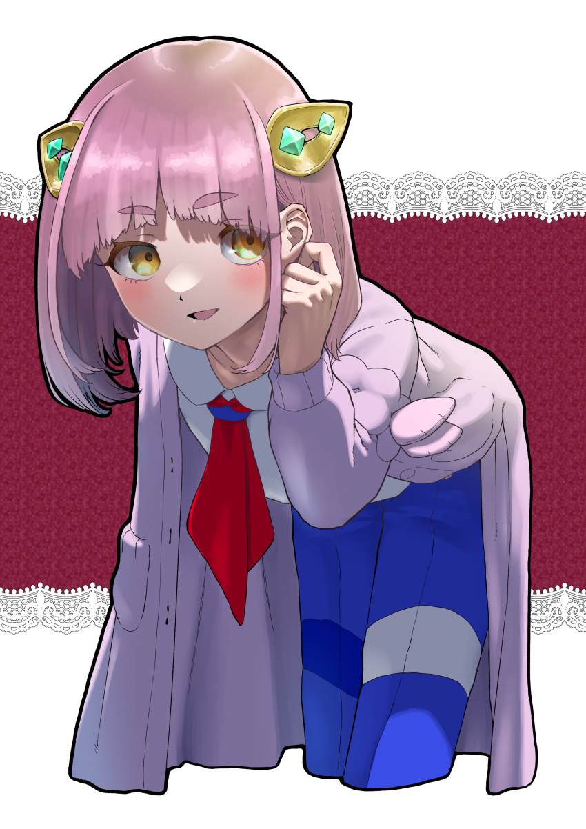 1girl, absurdres, bent_over, blue_pants, blush, coat, collared_shirt, commentary_request