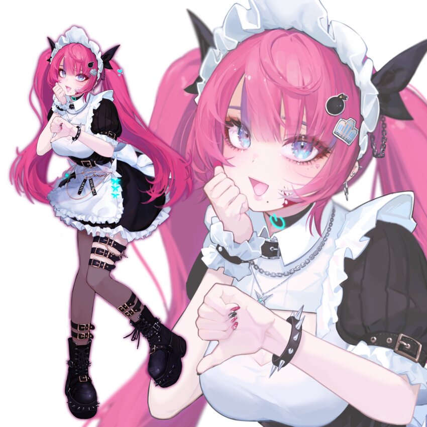 1girl, apron, asymmetrical_legwear, belt, black_belt, black_boots, black_choker, black_dress, black_nails, black_ribbon, black_socks, black_thighhighs, blood, blood_on_face, blue_butterfly, blue_eyes, bomb_hair_ornament, boots, bracelet, breasts, bug, building_hair_ornament, butterfly, chain, chain_necklace, choker, collared_dress, dress, ear_piercing, earrings, fingernails, foot_up, frilled_apron, frilled_dress, frills, full_body, hair_ornament, hair_ribbon, hand_on_own_cheek, hand_on_own_face, highres, himeragi_ageha, insect, jewelry, kneehighs, large_breasts, leg_belt, long_hair, looking_at_viewer, maid, mole, mole_under_mouth, nail_polish, necklace, official_art, outline, piercing, pink_hair, pink_outline, platform_boots, platform_footwear, puffy_short_sleeves, puffy_sleeves, rakugaki_suruhito, red_nails, ribbon, second-party_source, short_sleeves, single_thighhigh, socks, solo, spiked_boots, studded_bracelet, thighhighs, twintails, uneven_legwear, very_long_hair, virtual_youtuber, wactor_production, white_apron, zoom_layer