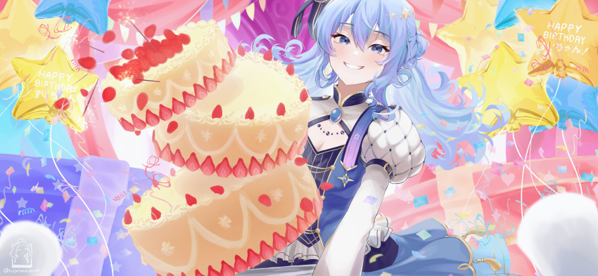 1girl, absurdres, artist_logo, balloon, blue_eyes, blue_hair, cake, cleavage_cutout