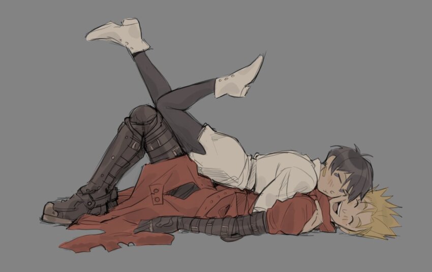 1boy, 1girl, ass, black_hair, blonde_hair, boots, closed_eyes, coat, couple, earrings, grey_background, happy, hetero, jewelry, lemoneto, meryl_stryfe, pantyhose, red_coat, short_hair, simple_background, teeth, trigun, upper_teeth_only, vash_the_stampede