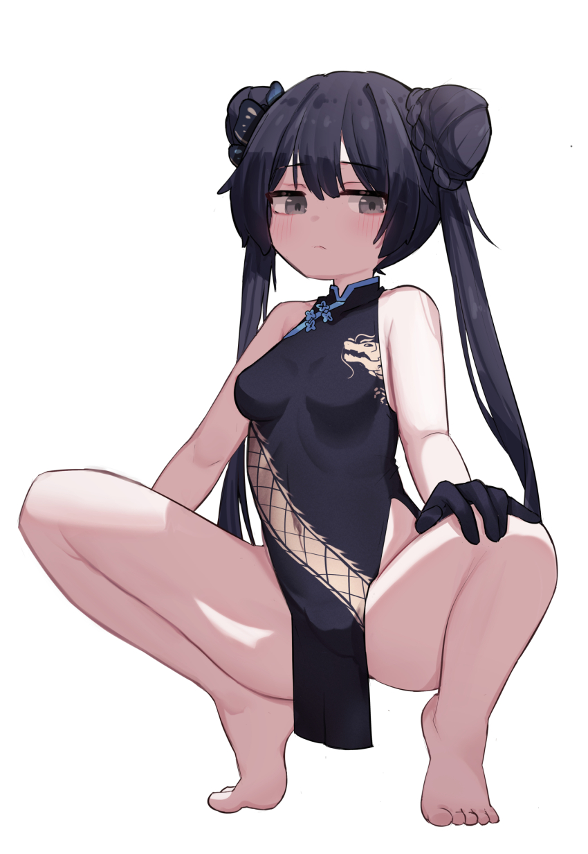 1girl, bare_shoulders, barefoot, black_dress, black_gloves, black_hair, blue_archive, blush