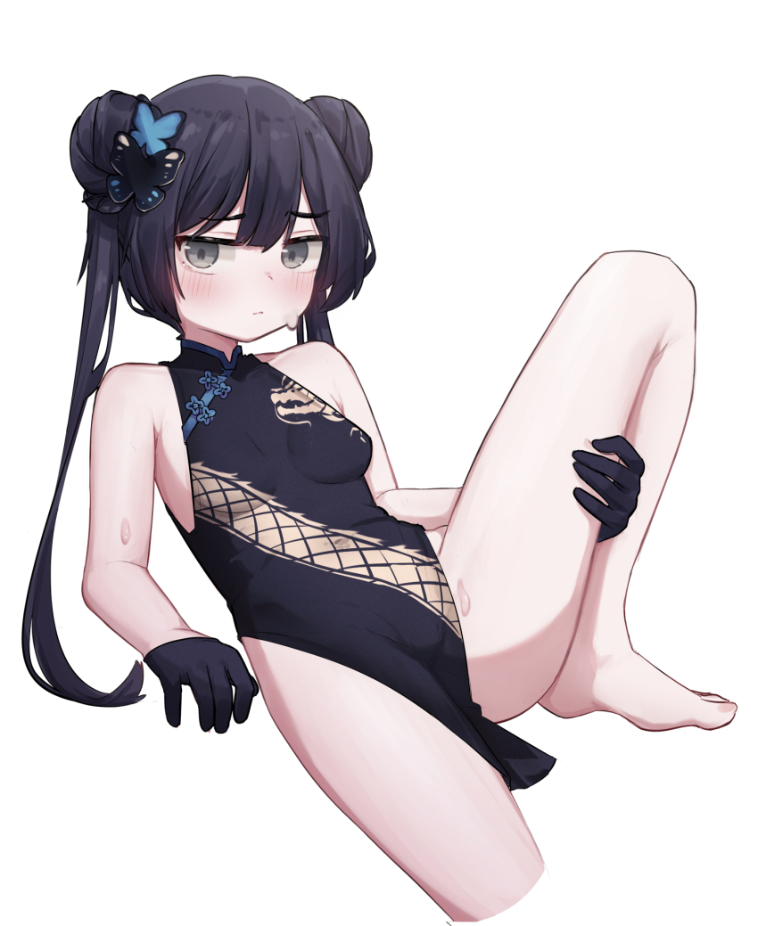 1girl, bare_shoulders, barefoot, black_dress, black_gloves, black_hair, blue_archive, blush
