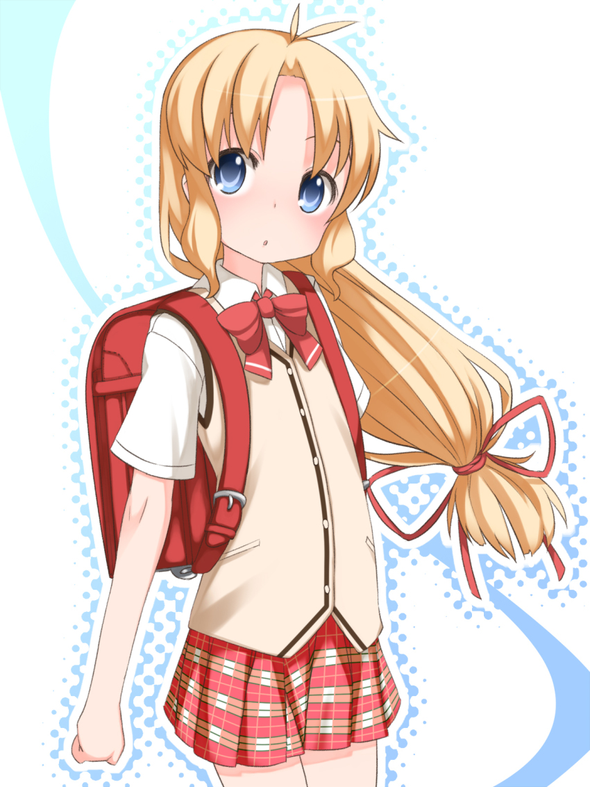 1girl, aquaplus_(company), backpack, bag, blonde_hair, blue_eyes, female_focus, highres