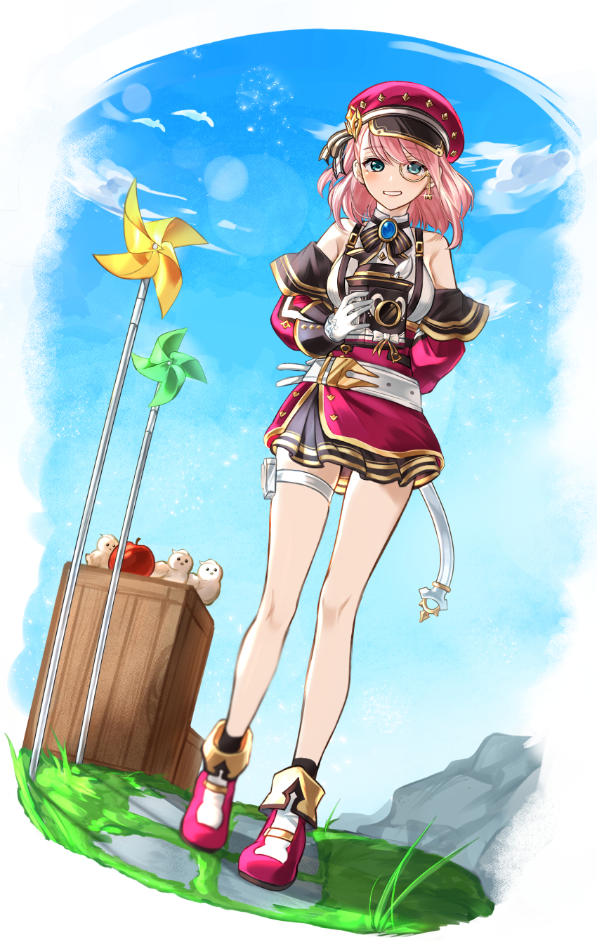 1girl, absurdres, apple, aqua_eyes, arm_behind_back, bare_shoulders, belt, bird