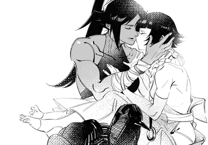 2girls, black_hair, bleach, couple, cuddling, dark-skinned_female, dark_skin, ebi_draw, greyscale, imminent_kiss, interracial, kiss, legs_on_another's_lap, monochrome, multiple_girls, muscular, muscular_female, shihouin_yoruichi, short_hair, sitting, sitting_on_lap, sitting_on_person, sui-feng, yuri