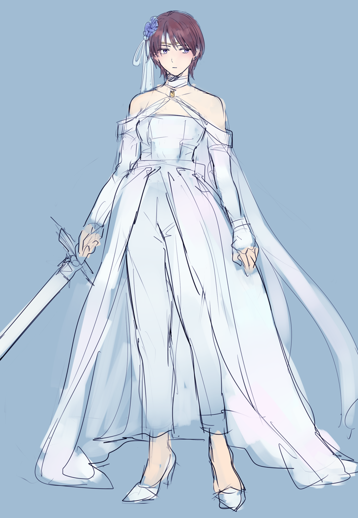 1girl, bare_shoulders, brown_hair, closed_mouth, dress, fire_emblem, fire_emblem:_path_of_radiance, fire_emblem_heroes, headband, high_heels, holding, holding_sword, holding_weapon, looking_to_the_side, nintendo, official_alternate_costume, solo, sword, tanith_(bridal)_(fire_emblem), tanith_(fire_emblem), tonton318831, weapon, wedding_dress