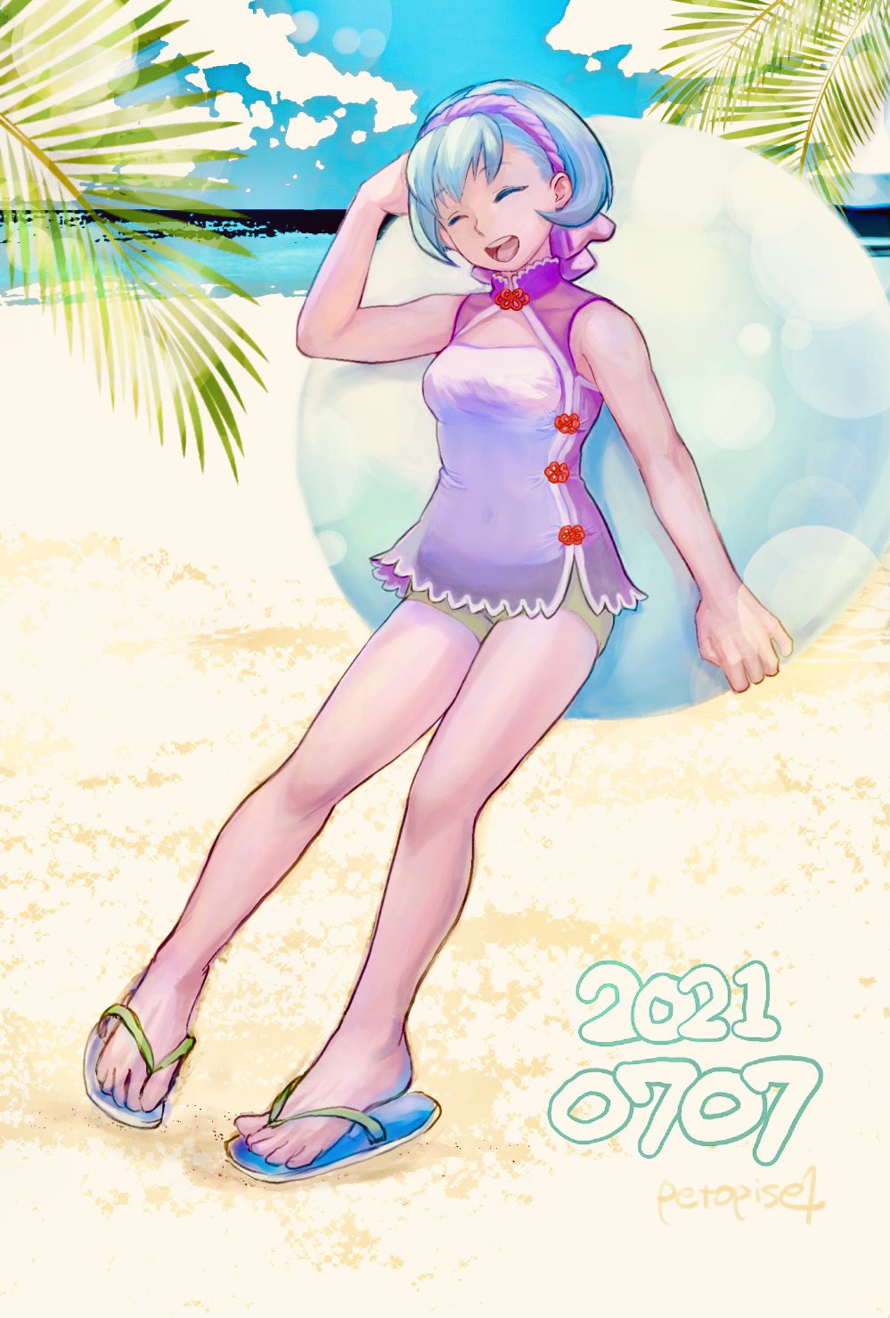 1girl, beach, breasts, closed_eyes, cloud, dated, full_body, gensou_suikoden