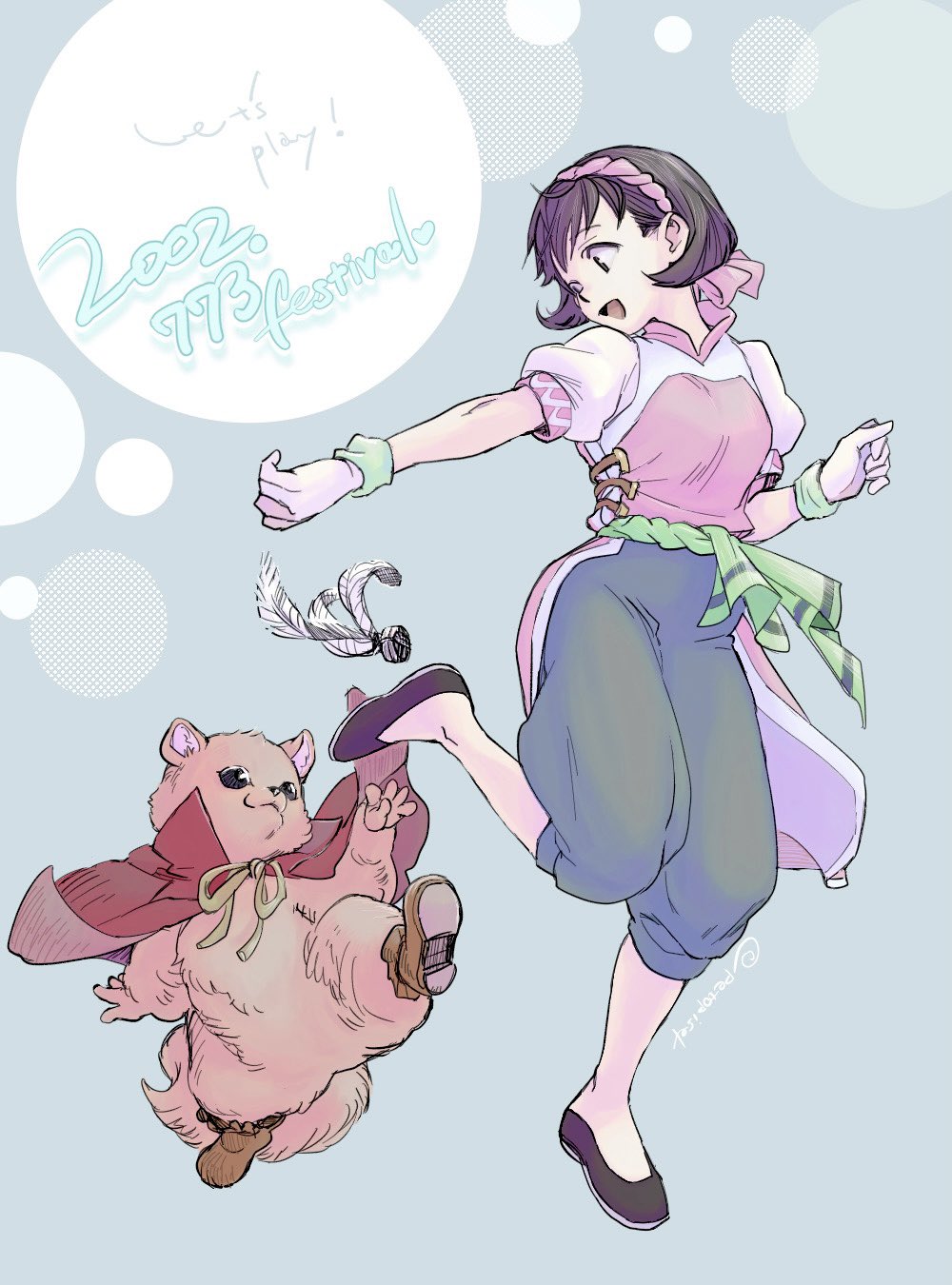 1boy, 1girl, brown_eyes, brown_hair, full_body, gensou_suikoden, gensou_suikoden_ii, gloves, hairband, highres, mukumuku, nanami_(suikoden), open_mouth, pants, petopise1, shirt, short_hair, smile, twitter_username, weapon