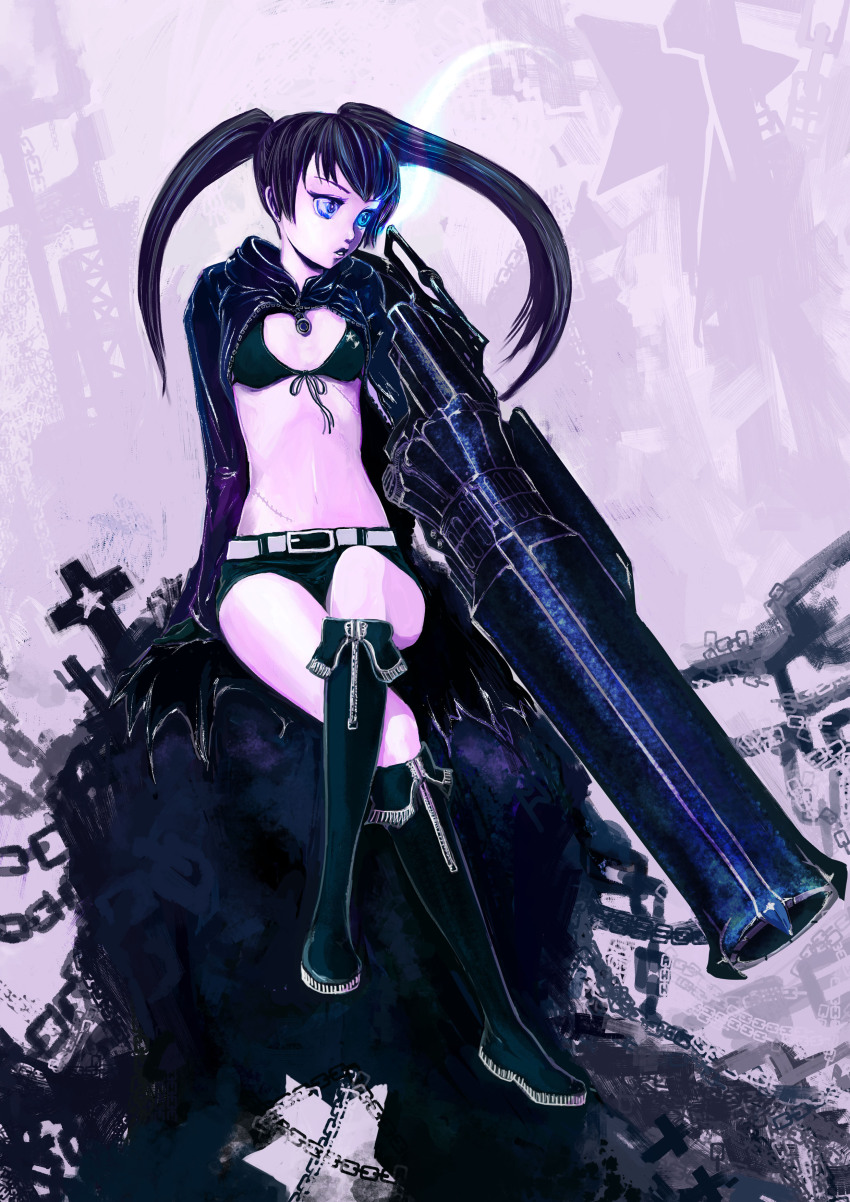 10s, 1girl, absurdres, belt, bikini, bikini_top_only, black_hair, black_rock_shooter