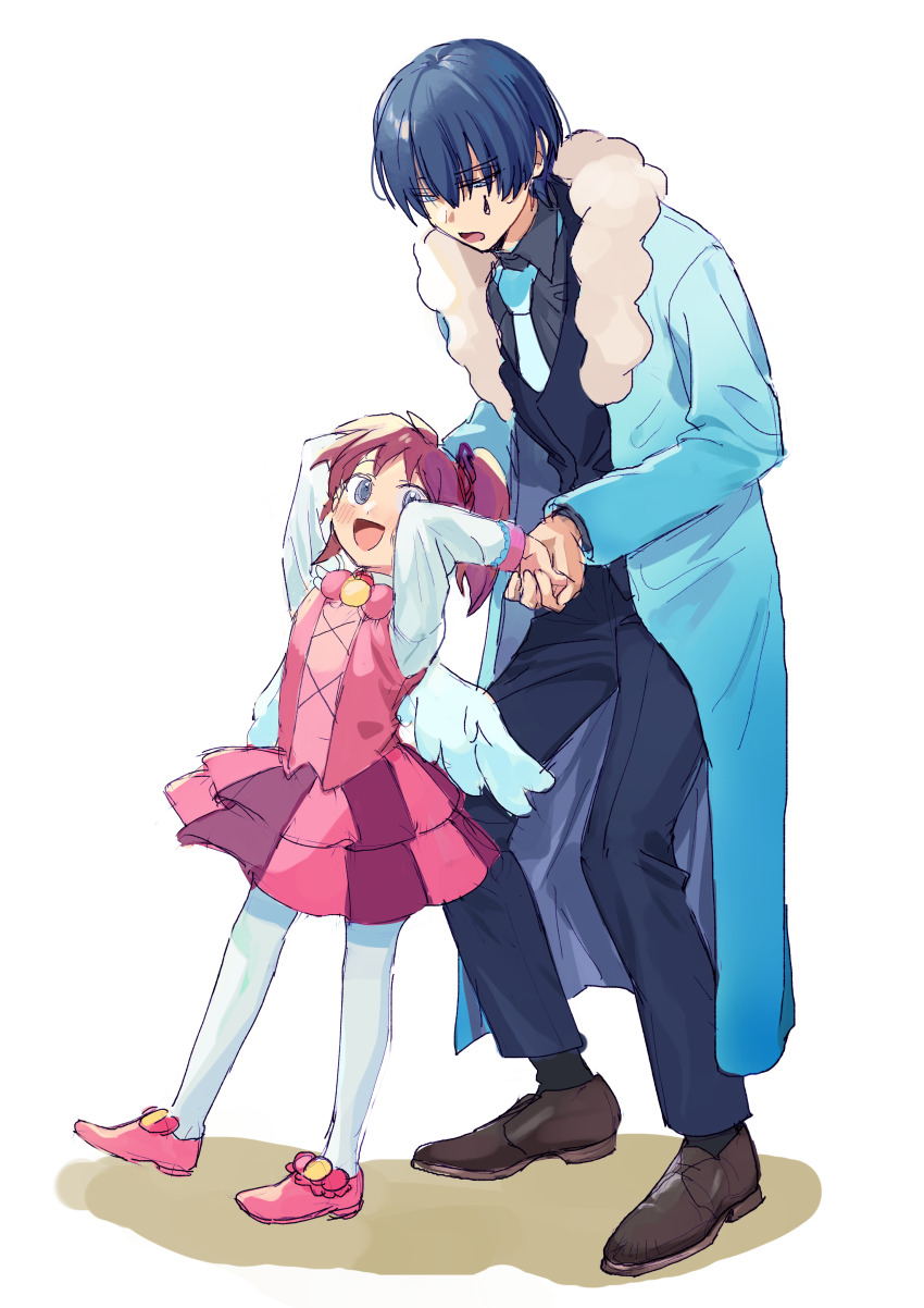 1boy, 1girl, :d, absurdres, age_difference, black_socks, blue_coat, blue_eyes
