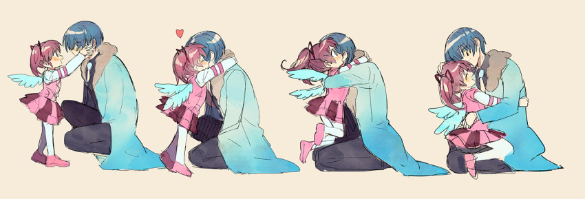 1boy, 1girl, black_pants, black_shirt, black_vest, blue_coat, blue_eyes, blue_hair