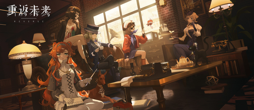 5girls, :d, :o, antique_phone, apple, apple_(reverse:1999), arm_support, ascot