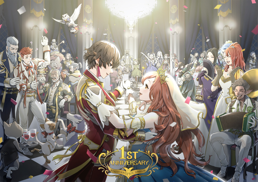 6+boys, 6+girls, accordion, admiral_galleus_(monster_hunter), anniversary, ballroom, canyne, character_request