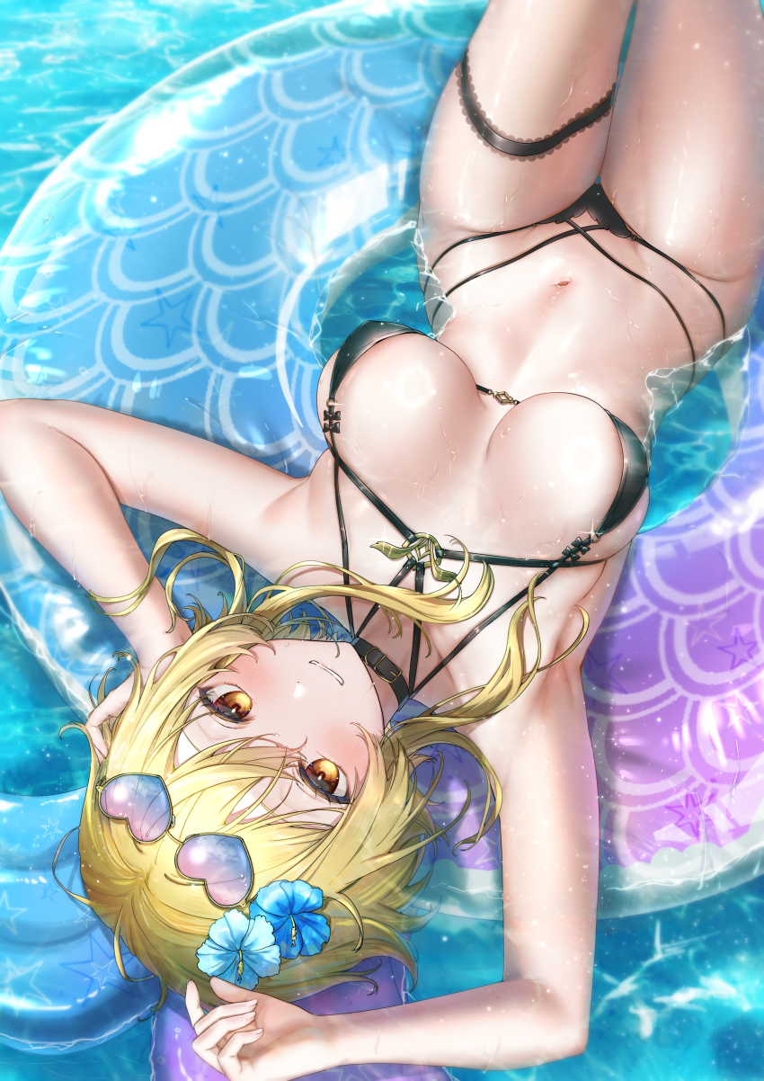 1girl, absurdres, bare_shoulders, bikini, blonde_hair, blush, breasts, chumugi